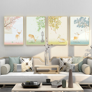百特好 新中式发财鹿装饰画春夏秋冬挂画客厅四联餐厅墙壁画麋鹿