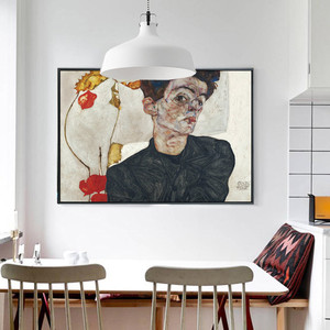 埃贡•席勒自画像抽象装饰画表现主义挂画壁画餐厅欧式画人像画