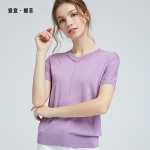 雅意娜菲女装正品2021新款v领宽松短袖天丝针织衫t恤女上衣夏薄