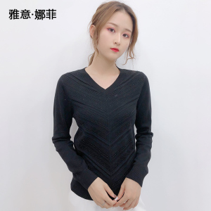 雅意娜菲女装2020秋冬中年天丝毛衣女士宽松圆领烫钻针织衫tm5758