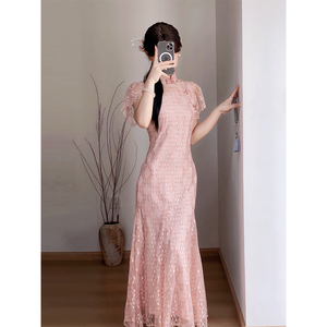 圆舞曲改良旗袍新中式蕾丝少女2024新款年轻款粉色订婚夏季鱼尾裙
