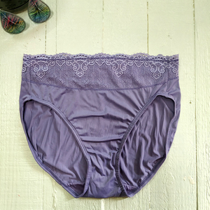 欧美外贸香芋紫丝滑内裤冰丝感蕾丝边抗菌棉裆高腰性感平角裤女生