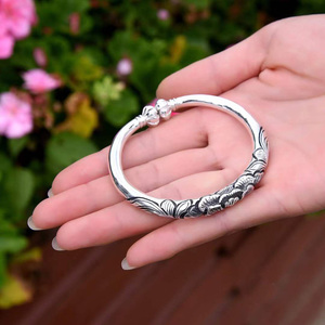 星顺淇银手镯999纯银女富贵牡丹花浮雕雪花银纯手工南瓜头银镯子