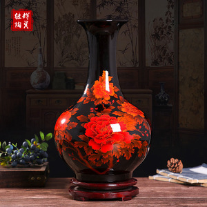 景德镇陶瓷花瓶高档水晶釉黑底瓷器现代新中式家居客厅工艺品摆件