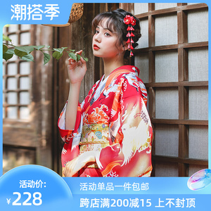 月下和服 大红色仙鹤日本振袖和服文艺复古长袖日式改良和服