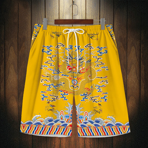 国潮复古短裤男薄款皇帝龙袍印花五分裤子沙滩裤可下水宽松大裤衩