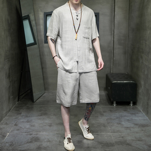 夏季棉麻套装中国风亚麻短袖男士薄款透气衬衫宽松休闲t恤两件套