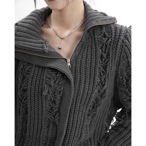 赛小懒拉链破洞毛衣针织开衫外套女冬季宽松内搭休闲慵懒风上衣潮