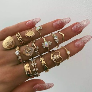 finger rings wome 15pcs set复古金币十字架花纹镶钻戒指15件套