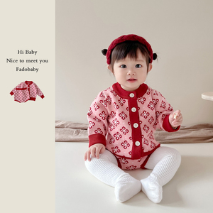 婴儿春秋套装韩版女宝宝针织开衫外套+面包裤洋气新生儿衣服2件套