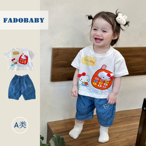 儿童超萌卡通套装0-5岁夏季女宝宝可爱短袖T恤牛仔中裤夏装两件套