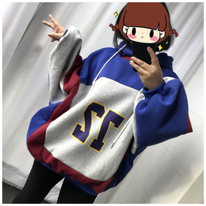 秋冬新款韩版宽松显瘦百搭字母拼色长袖加绒带帽卫衣女大码学生潮