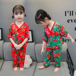 东北大花婴儿服夏创意男童女童宝宝花衣服套装棉绸睡衣儿童中国风