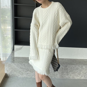 秋冬新款羊绒套装女韩版时尚宽松流苏毛衣半身裙针织羊毛两件套厚