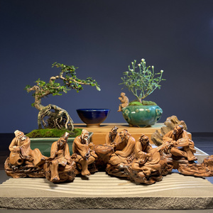 石湾公仔客厅中式竹林七贤人物摆件桌面盆景茶台
