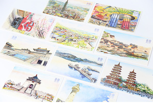创意台湾旅游纪念品 手绘卡片阿里山台北故宫博物院101大楼明信片