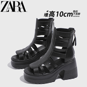 ZARA粗高跟凉鞋女新款松糕厚底洞洞凉靴增高马丁靴子女真皮网孔靴