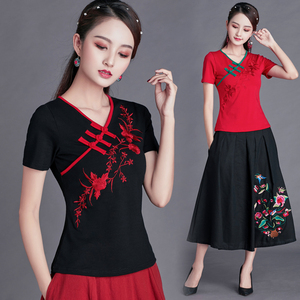 民族风女装 复古 中国风刺绣上衣 夏季新款绣花短袖t恤女半袖上衣