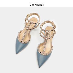 小ck真皮凉鞋女仙女风百搭尖头粗跟铆钉鞋中跟罗马一字扣包头单鞋