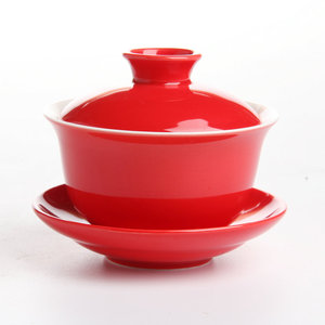 定制陶瓷盖碗茶具泡茶器婚庆富贵花茶碗红釉三才奉茶杯敬茶杯汤碗