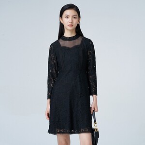 新品曼娅奴连衣裙女2020秋蕾丝温柔风木耳边方领连身裙 mk34dc715