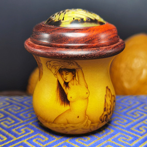 丰一阁津门名家鬼子六蛉虫葫芦庞昌山烫画美女出浴图小叶紫檀口盖