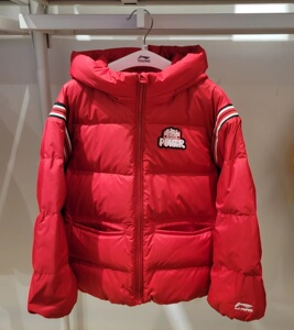 李宁童装女大童中羽绒服2022冬新款儿童加厚保暖宽松连帽红色外套