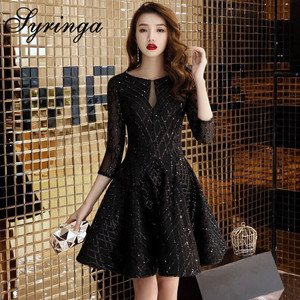 Syrimga黑色晚礼服女洋装小个子宴会小礼服女高贵优雅短款连衣裙