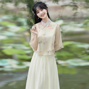 国风旗袍改良汉服学生小个子日常可穿优雅禅意新中式茶艺服两件套