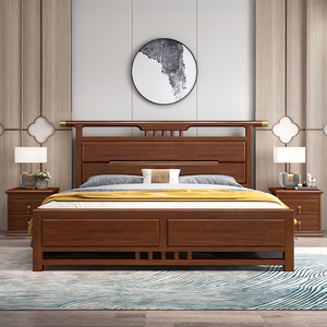 新中式实木床官帽床主卧1.8米1.5双人床大床婚床高箱储物金丝檀木