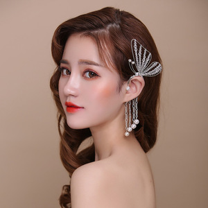 2018新款头饰蝴蝶造型耳挂简约长流苏精灵耳饰手工串珠新娘耳饰品