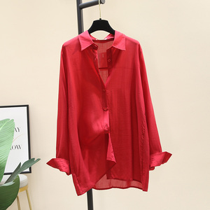 红色棉麻衬衫女2024夏季新款韩版气质百搭薄款衬衣长袖防晒衫外套