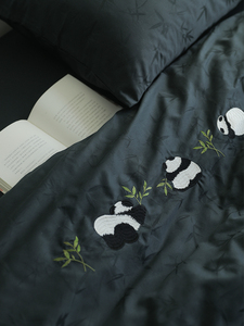 新中式国风300根全棉提花贡缎高端熊猫刺绣深灰色卧室床单四件套