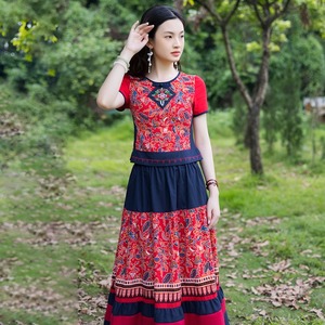 民族风异域风情女装夏季新款复古少数民族棉麻印花连衣裙两件套装