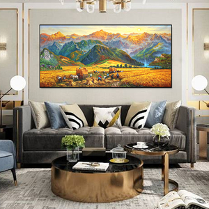 万里长城手绘客厅办公室风景油画丰收巨人山装饰画新中式日出挂画