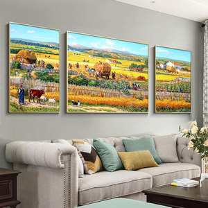 美式丰收风景三联客厅手绘油画梵高简约欧式装饰挂画现代轻奢沙发