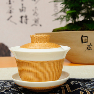 成都竹丝扣瓷茶具四川手工艺瓷胎竹编茶杯三才盖碗送老外中秋礼品