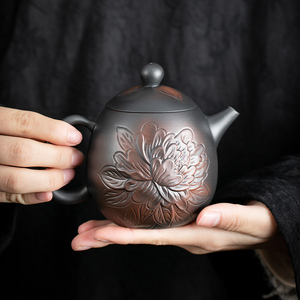 紫陶茶壶单个龙蛋壶小号手工雕花牡丹陶瓷家用功夫茶具防烫泡茶器