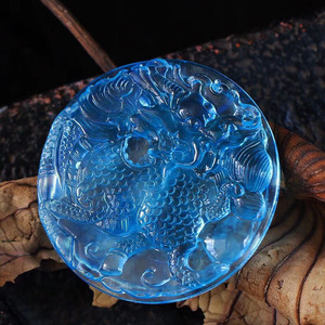 天然巴西海蓝宝精雕麒麟圆牌吊坠男女高净海水蓝无杂裂蓝水晶挂件