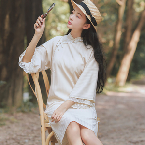 国风少女装学生日常中国风复古改良版旗袍连衣裙宽松显瘦盘扣中式