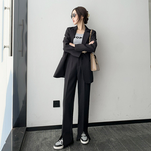 直筒西装裤前面开叉阔腿裤女秋冬高腰宽松显瘦宽松垂感休闲拖地裤