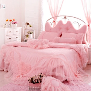 全棉韩式四件套粉色公主花边蕾丝床上用品纯棉床单床裙式婚庆床品