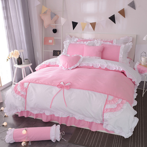 韩式全棉四件套粉色公主田园蕾丝床上用品纯棉床单床裙式婚庆床品