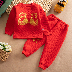 包邮秋冬季婴儿红色内衣保暖套装宝宝周岁服男女中儿童纯棉夹棉套