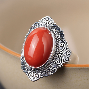 天然南红玛瑙戒指指环女纯银开口设计复古做旧古典花纹夸张大宝石