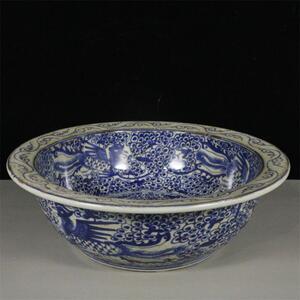 清光绪全手工手绘青花凤纹洗手盆古董瓷器包老保真旧货老物件收藏