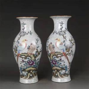 乾隆粉彩裂纹釉花鸟观音瓶古瓷旧货老物件复古怀旧仿古董花瓶装饰