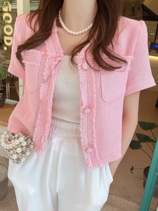 韩国chic夏季减龄复古小众设计感粉嫩少女浪漫约会粗花呢须边外套
