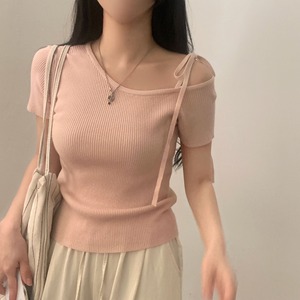 韩国chic夏日法式小众简约纯色设计感斜领绑带露肩短袖针织衫上衣
