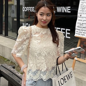 韩国chic夏季刺绣微透钩花镂空花朵泡泡袖蕾丝衫搭配吊带两件套女